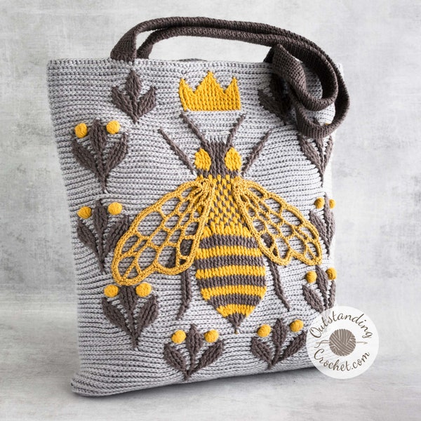 PATTERN - Crochet Bag / Pillow - Queen Bee - Women Shoulder Bag, Tote, Handbag - Embossed, 3D, Textured - Haakpatroon - Video, Charts