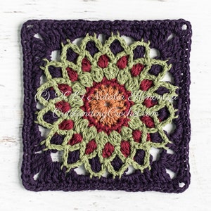 First Light Crochet Motif Pattern (multicolored square motif with a mandala design in the center) with written instructions, charts, and videos.