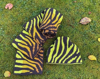 Crochet Hat and Scarf PATTERN - Zebra Print - Women Beanie And Scarf Set - Overlay Mosaic Crochet - Written, Videos, Charts - PDF
