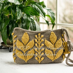 Crochet bag pattern: shoulder, cross-body embossed crochet multicolored bag with 3D leaves and branches, embellished by tassels and spiral cord strap.