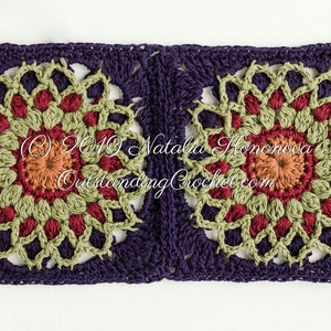 First Light Crochet Motif Pattern (multicolored square motif with a mandala design in the center) with written instructions, charts, and videos.