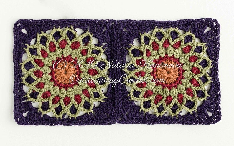 First Light Crochet Motif Pattern (multicolored square motif with a mandala design in the center) with written instructions, charts, and videos.
