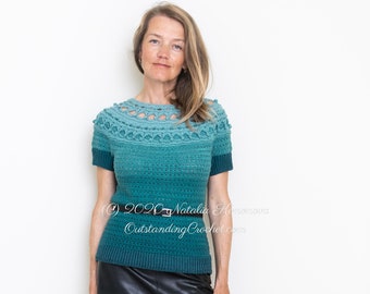 Crochet Top PATTERN - Coquette - Women Textured Yoke Sweater, Pullover - Gradient Cake Yarn, Haakpatroon, Plus Sizes - Charts, Video - PDF