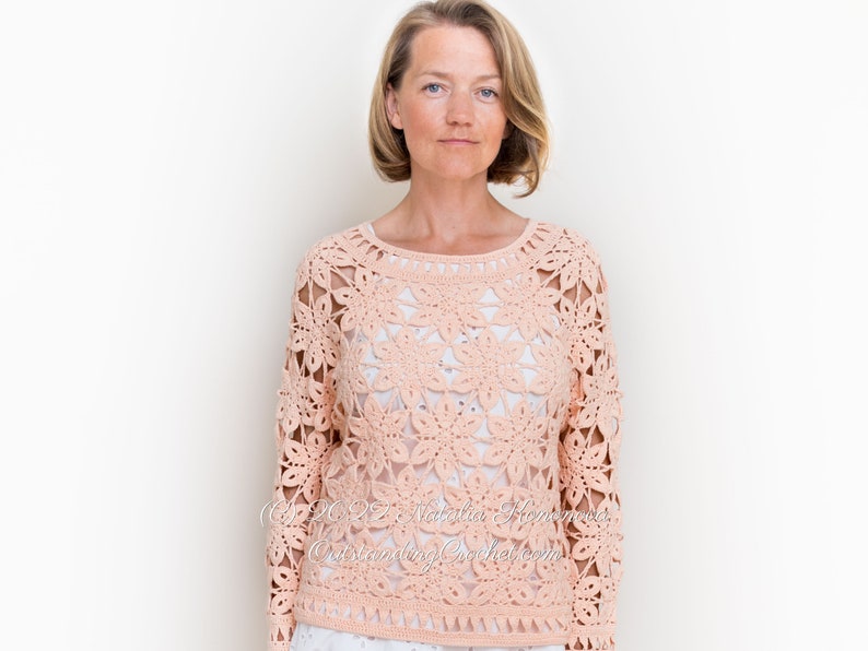 Crochet Sweater PATTERN - Coral - Women Summer Top, Pullover, Jumper - Long Sleeve - Plus Sizes - Crochet Lace