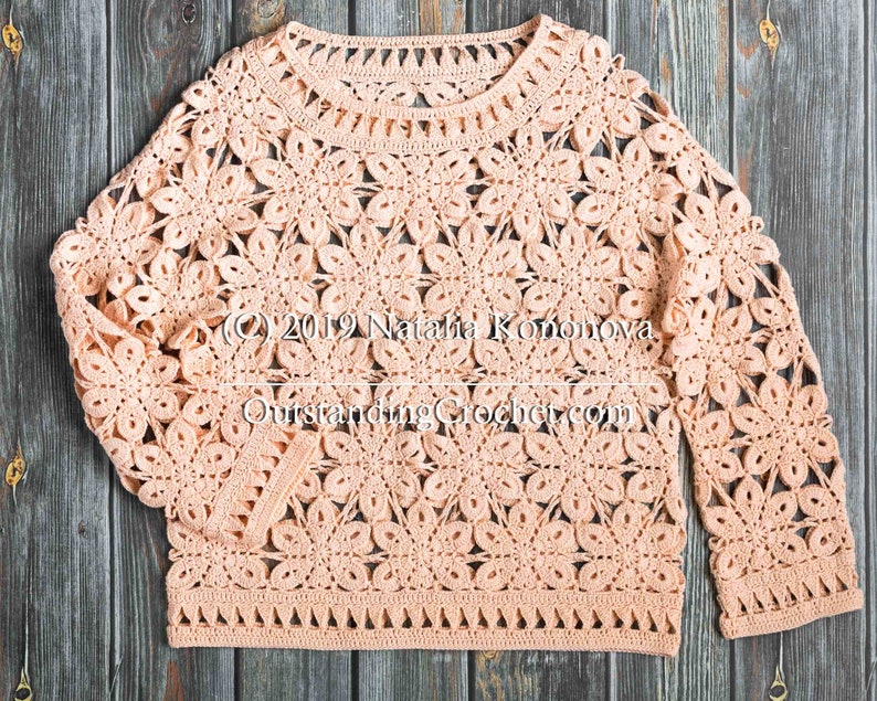 Crochet Sweater PATTERN - Coral - Women Summer Top, Pullover, Jumper - Long Sleeve - Plus Sizes - Crochet Lace
