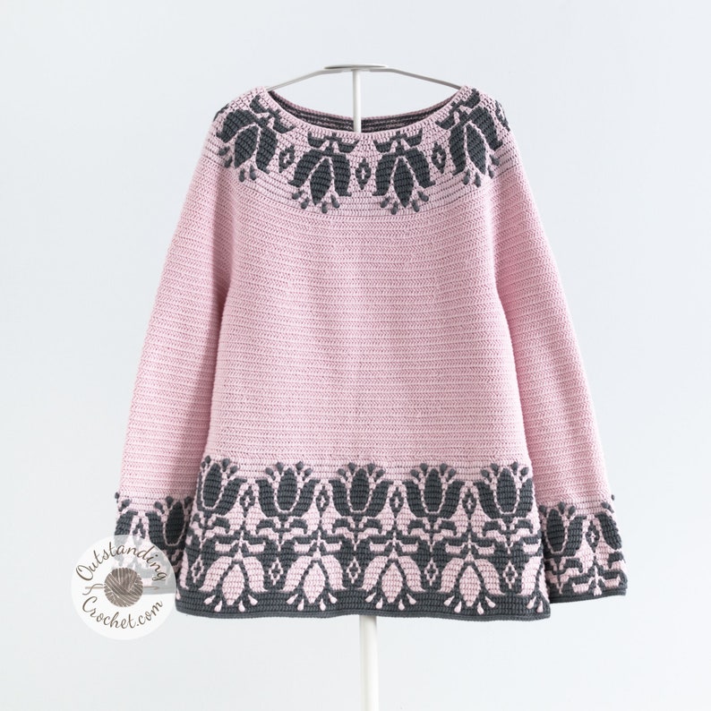Tulip Sweater Crochet PATTERN - Overlay Mosaic crochet Pullover, Top, Jumper with Flowers around the yoke, hem, and sleeve cuffs. Short and long sleeve versions.