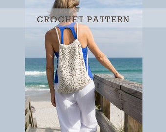 Crochet Backpack PATTERN - Drawstring Bag - Lotus - Shoulder, Tassels - Net Mesh Boho Chic, Seamless, Charts, Video - PDF