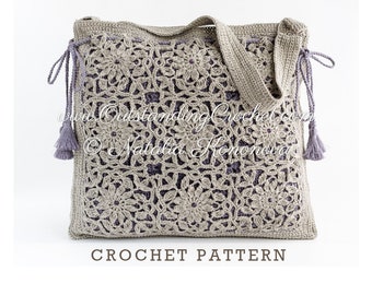 Crochet Bag PATTERN - Square Flower Motif Purse, Shoulderbag, Messenger, Boho Chic - Step-by-step - Charts - PDF