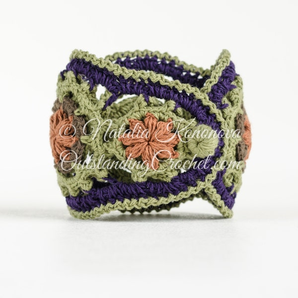 Crochet Bracelet, Bandeau MOTIF - Ensemble de bijoux en fibre - Midsummer - Casque Boho Chic Festival, Poignet large - Photos, Graphiques - PDF