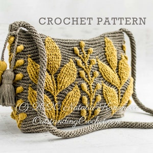 Crochet bag pattern: shoulder, cross-body embossed crochet multicolored bag with 3D leaves and branches, embellished by tassels and spiral cord strap.