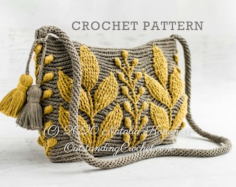 Capsella Crochet Bag PATTERN - Small Women Purse, Shoulder, Cross-body, Messenger, 3D Embossed, Textured Cabled Leaf, Boho - Video - Charts