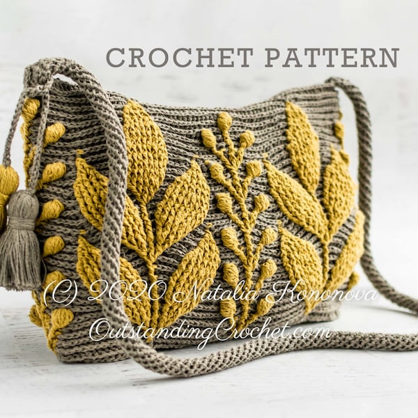 Capsella Crochet Bag PATTERN - Small Women Purse, Shoulder, Cross-body, Messenger, 3D Embossed, Textured Cabled Leaf, Boho - Video - Charts