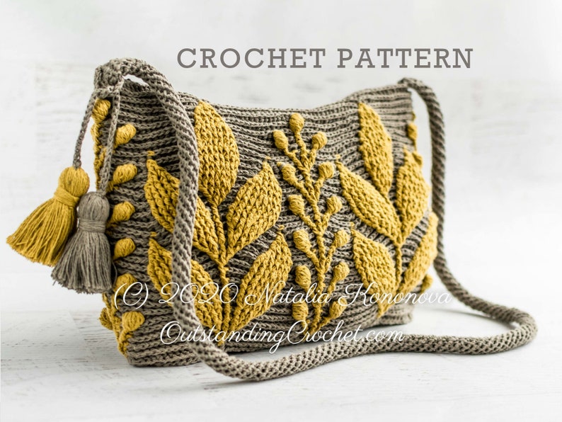 Crochet bag pattern: shoulder, cross-body embossed crochet multicolored bag with 3D leaves and branches, embellished by tassels and spiral cord strap.