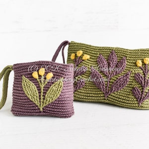 Crochet pattern set: Meadow embossed crochet clutch and wallet/ coin purse with branches and flowers.