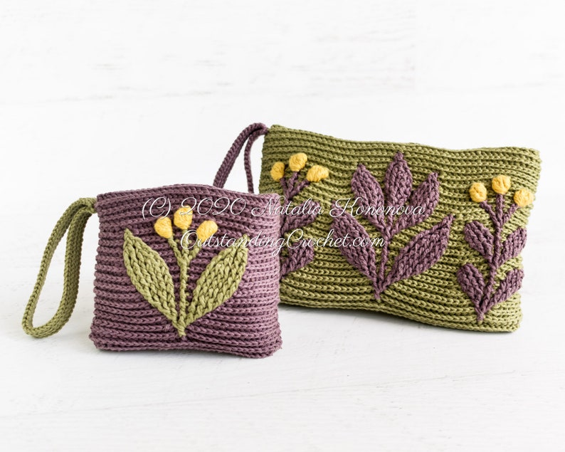 Crochet pattern set: Meadow embossed crochet clutch and wallet/ coin purse with branches and flowers.