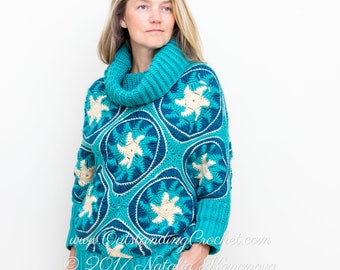 Crochet Sweater PATTERN - Star Way - Women Oversized Pullover, Jumper - Cowl Collar - Medium to 2X Plus size - Charts, Step Pictrures PDF