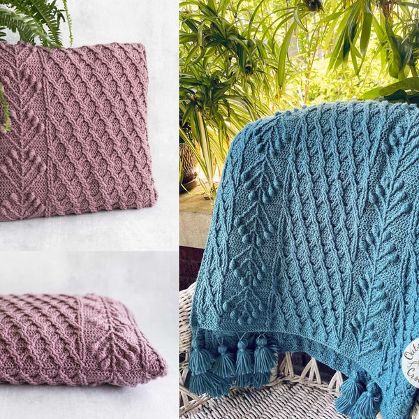 Crochet PATTERN - Blanket & Pillow - Umbella - Baby, Lapghan/ Toddler, Throw SIze - Cabled, Textured Cushion - PDF