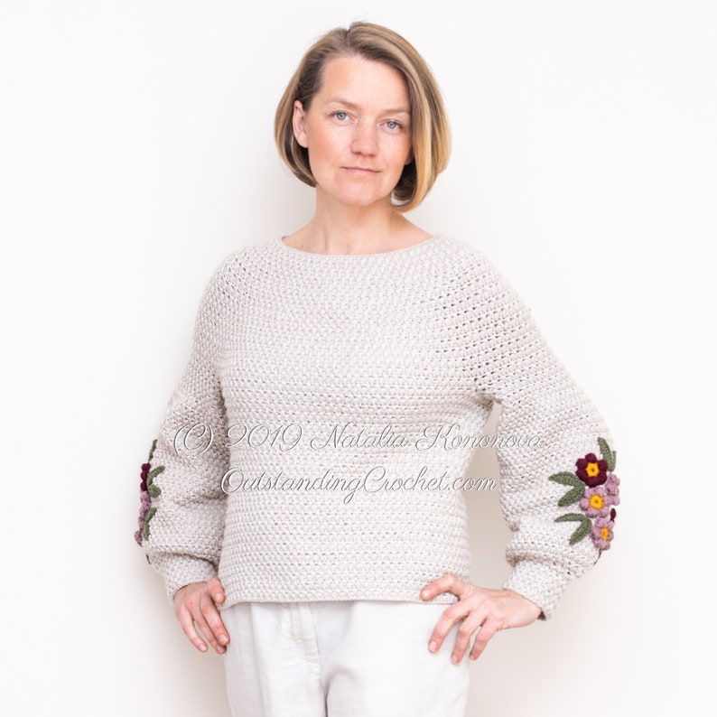 Crochet Sweater PATTERN - Primrose - Women Pullover, Jumper with Balloon Puffed Sleeves and Flower Applique