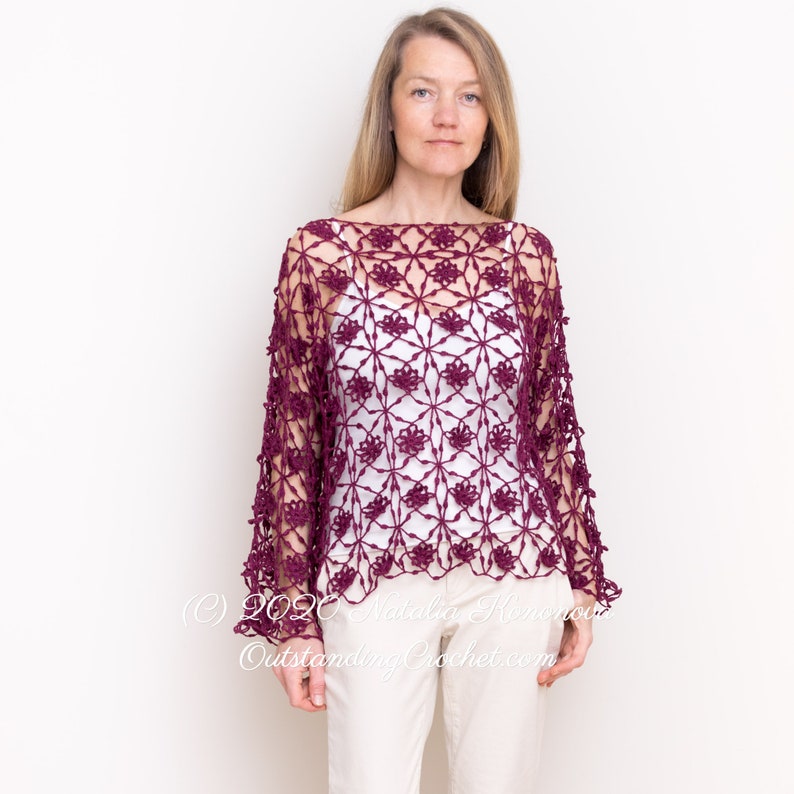 Boat Neck Top Crochet PATTERN - Seamless Lace Pullover, Jumper, Cover Up, Drop Shoulder, Boat Neck, Oversized - Plus sizes