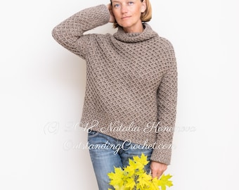 Tordis Sweater Crochet PATTERN - Women Pullover, Chunky Cabled Textured Stitch Jumper, Plus Sizes, Cowl Neck, Fitted Sleeves - PDF