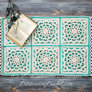 Crochet Rug PATTERN - Mediterranean Floor Rug - Bohemian home decor, Small rectangular rug, Square motif rug with tassels - PDF
