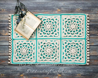 Crochet Rug PATTERN - Mediterranean Floor Rug - Bohemian home decor, Small rectangular rug, Square motif rug with tassels - PDF