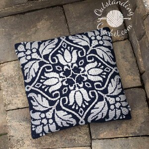 Petalique Pillows mosaic crochet pattern: smaller without a border and larger with a border. Made from the center without any tails to hide.  Features delicate flowers and leaves on the front with a plain back. Can be made as a wall hanging.