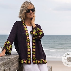 Crochet Cardigan PATTERN - Maua Women Cardigan, Sweater XS-3X Plus sizes, Irish Crochet Borders, Written, Charts, Video, Haakpatroon - PDF