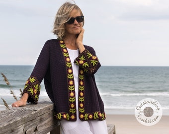 Maua Cardigan Crochet PATTERN - Oversized Women Sweater with Floral Borders (PDF Download)