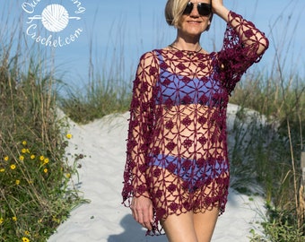 Airy Aura Tunic Crochet PATTERN - Lace Top, Beach Cover up, Dress - Long sleeve, Boat-neck - Oversized - Plus size - PDF