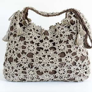 Crochet pattern: Window Frost crochet lace shoulder bag made with joined as you go motifs and solid inner bag. Decorated with a drawstring at the upper edge and tassels.