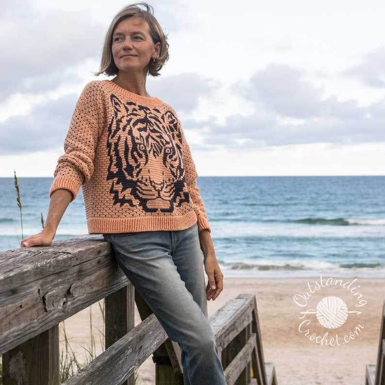 Tiger Sweater Crochet PATTERN - Overlay Mosaic Pullover, Jumper - Crew Neck - from Small to plus size 3X - Oversized Loose Fit