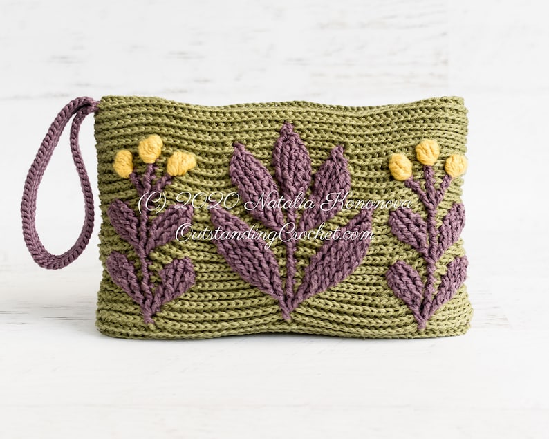 Crochet pattern set: Meadow embossed crochet clutch and wallet/ coin purse with branches and flowers.