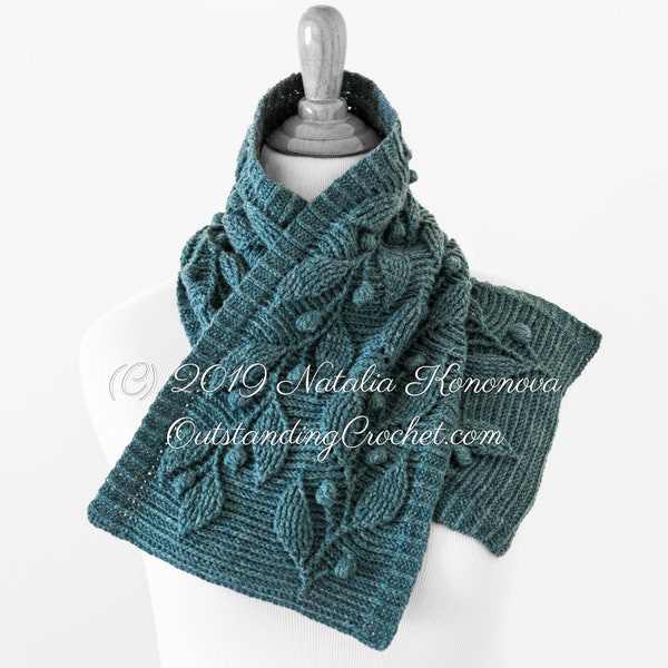 Cowl, Scarf Crochet PATTERN - Embossed Ivy 3D Leaves - Textured Cables - Women, Unisex, Girls, Children  - PDF