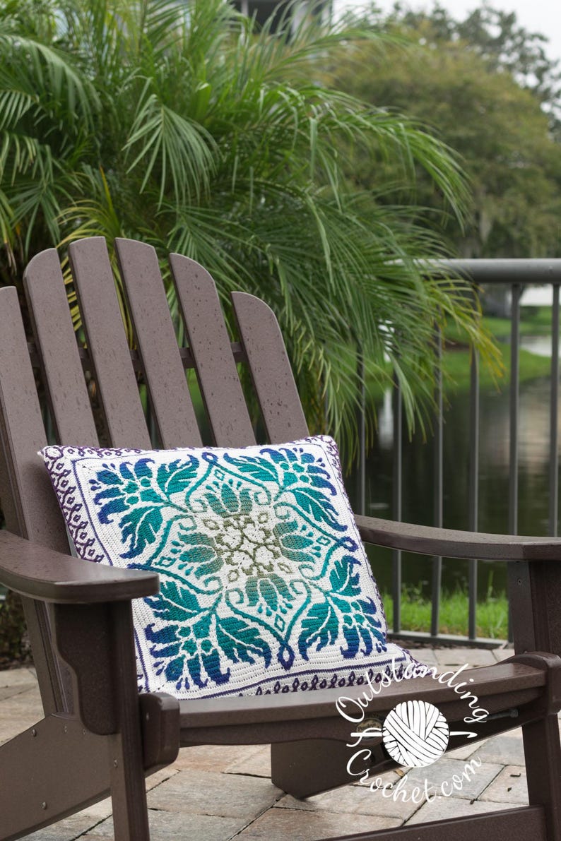 Petalique Pillows mosaic crochet pattern: smaller without a border and larger with a border. Made from the center without any tails to hide.  Features delicate flowers and leaves on the front with a plain back. Can be made as a wall hanging.