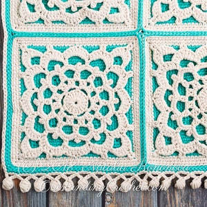 Puede incluir: Una manta de ganchillo con un dise&ntilde;o blanco y turquesa. La manta est&aacute; hecha de cuadrados con un patr&oacute;n floral. La manta tiene un borde de flecos con borlas.