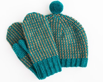 Tayga Crochet Hat and Mittens PATTERN - Men Beanie - Pom Pom, Striped - Children, Baby, Boys, Teen sizes - PDF
