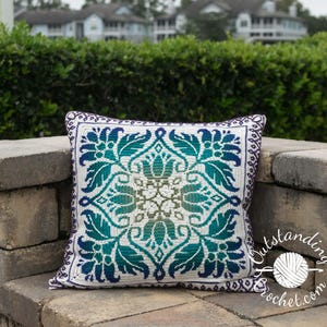 Petalique Pillows mosaic crochet pattern: smaller without a border and larger with a border. Made from the center without any tails to hide.  Features delicate flowers and leaves on the front with a plain back. Can be made as a wall hanging.
