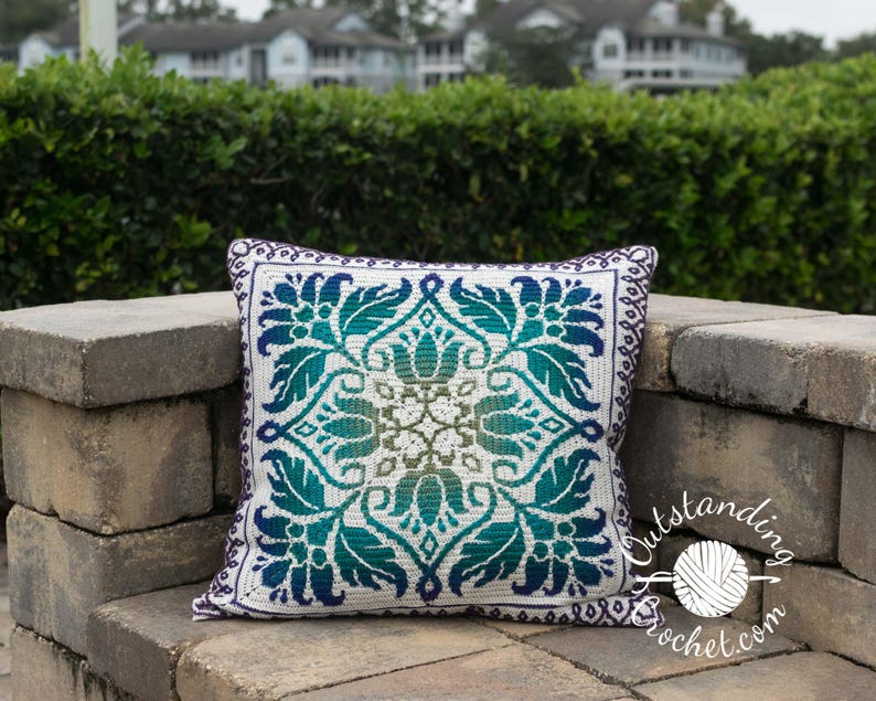 Petalique Pillows mosaic crochet pattern: smaller without a border and larger with a border. Made from the center without any tails to hide.  Features delicate flowers and leaves on the front with a plain back. Can be made as a wall hanging.