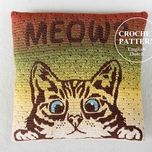 Meow Pillow or Bag Crochet PATTERN - Peeking Cat Overlay Mosaic Cushion for Kids, Women / Teen shoulder or Hand Bag, Haakpatroon - PDF