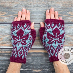 Crochet PATTERN - Wrist Warmers - Star Leaf - Fingerless Gloves, Mittens - Maple Leaf Overlay Mosaic Crochet - Haakpatroon - PDF