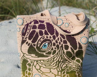 Sea Turtle Bag or Pillow Crochet Pattern - Convertible Backpack, Tote, Cushion - Overlay Mosaic Underwater (PDF Download)