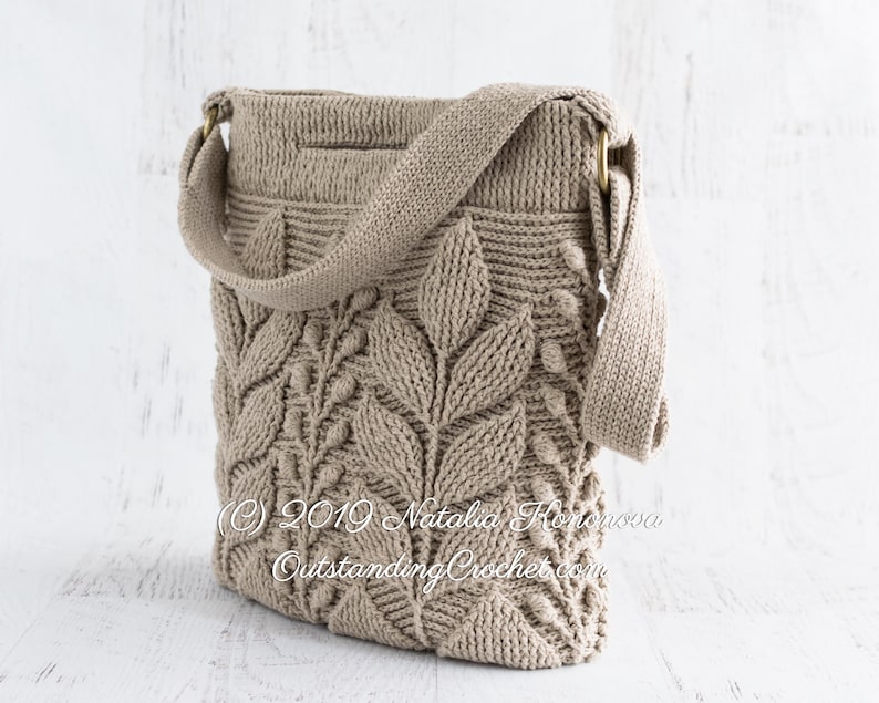 Crochet Bag Pattern: Unique embossed crochet shoulder-bag, cross-body bag, hand-bag with 3D branches and leaves.
