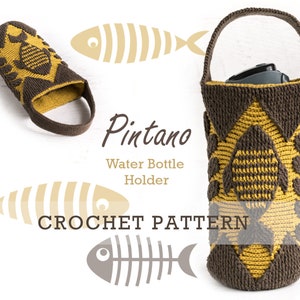 May include: Crochet pattern for a water bottle holder with a brown and yellow fish design. The pattern is called "Pintano Water Bottle Holder Crochet Pattern".
