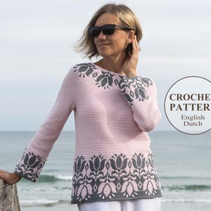 Crochet Sweater PATTERN - Tulip Pullover, Top - Overlay Mosaic Crochet - Jumper with Yoke -Plus size - Haakpatroon - Charts, Videos - PDF