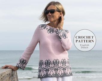 Tulip Crochet Sweater PATTERN - Round Yoke Seamless Pullover, Top - Overlay Mosaic Crochet Jumper (PDF download)