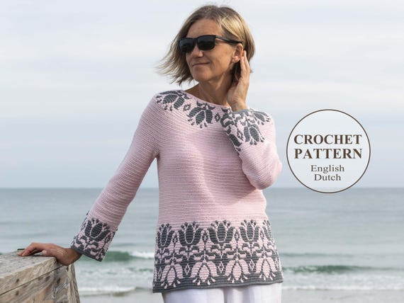 Crochet Sweater PATTERN - Tulip Pullover, Top - Overlay Mosaic Crochet - Jumper with Yoke -Plus size - Haakpatroon - Charts, Videos - PDF
