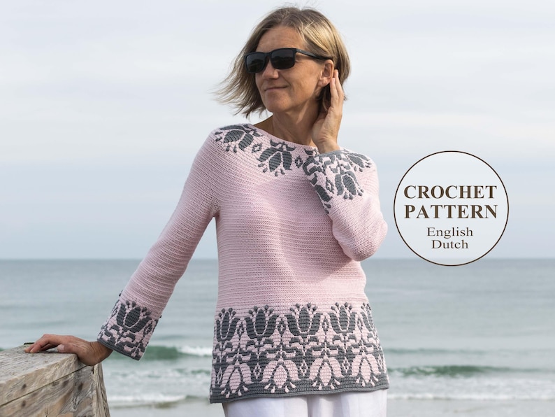 Tulip Sweater Crochet PATTERN - Overlay Mosaic crochet Pullover, Top, Jumper with Flowers around the yoke, hem, and sleeve cuffs. Short and long sleeve versions.