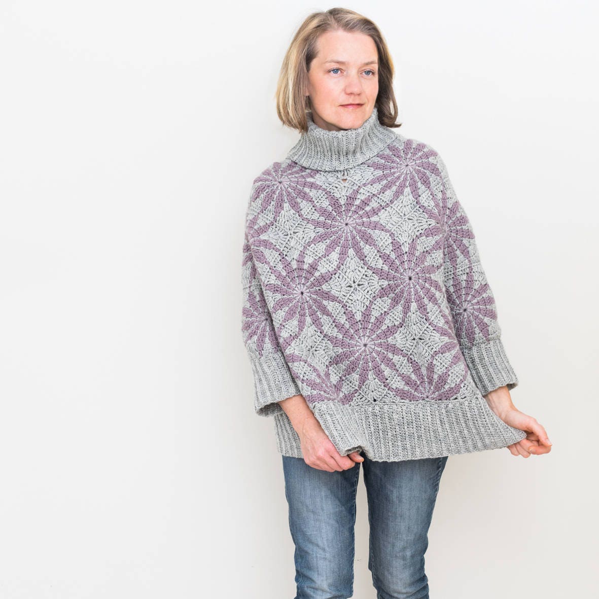 Crochet Sweater PATTERN Plus Sizes Women Pullover PDF Oversized Jumper Charts Poncho Cowl Collar Polar Star Small to 2X