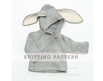 Bunny Ears Hoodie Knitting PATTERN - Children Baby Animal Sweater with Hood and Bunny Ears - Baby, Toddler, Kids - Seamless Raglan - PDF